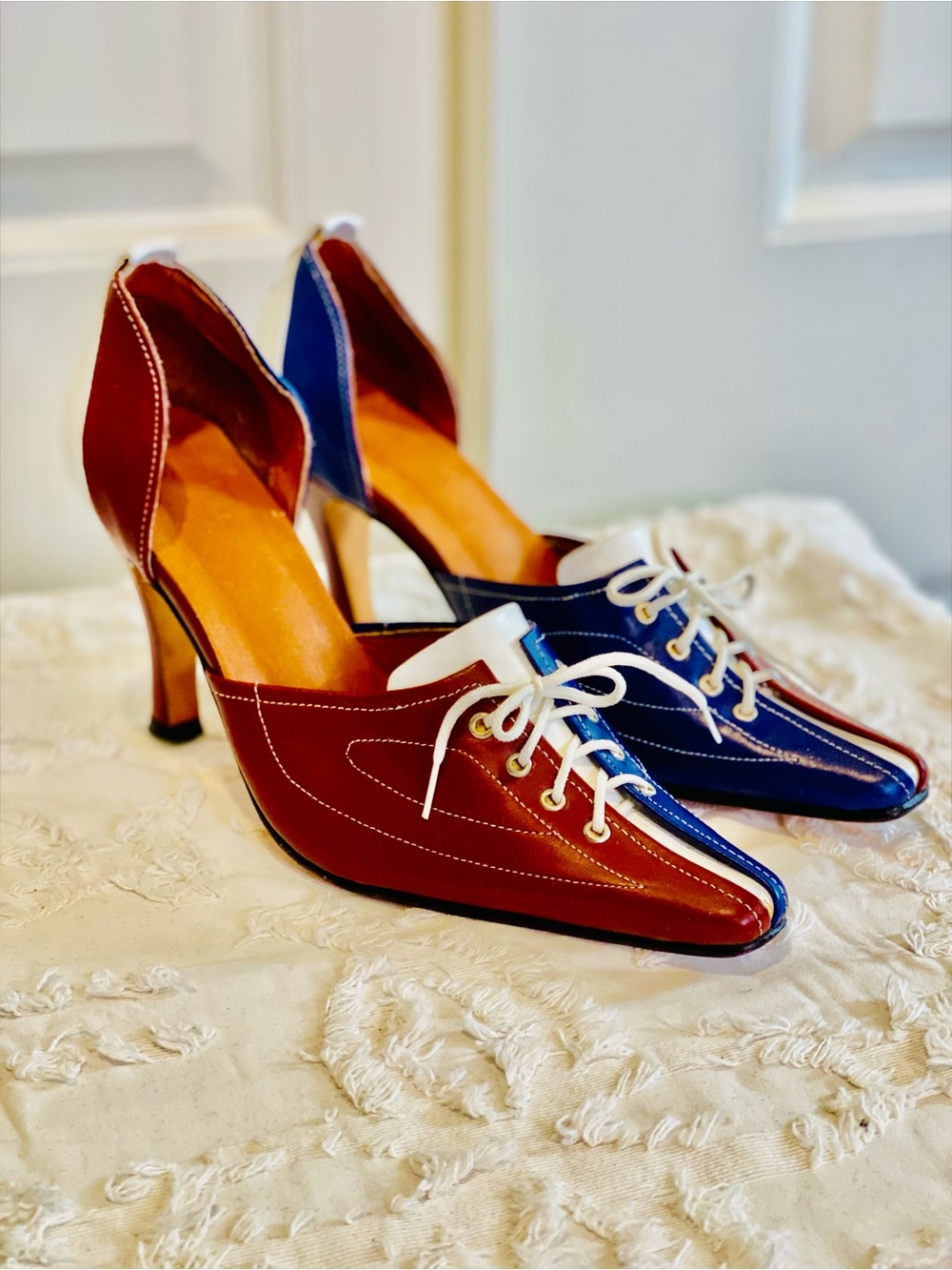 Two-Tone Burgundy and Navy Lace-Up Pointed Heels